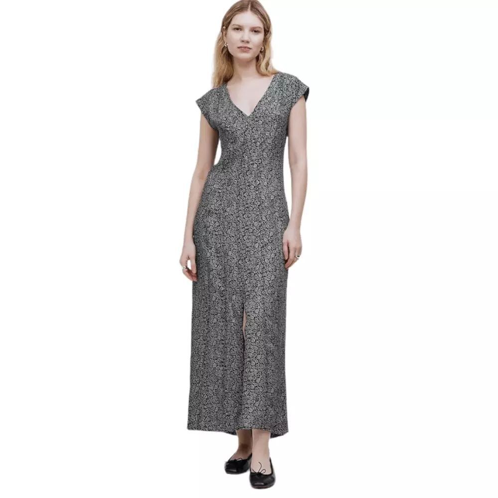 MADEWELL Cap-Sleeve V-Neck Midi Dress 10  Floral Cupro-Blend True Black NWT B10